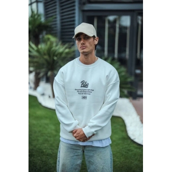 Kışlık Bisiklet Yaka Ön Ve Arka Baskılı SweatShirt - Beyaz