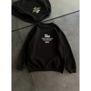 Kışlık Bisiklet Yaka Ön Ve Arka Baskılı SweatShirt - Siyah