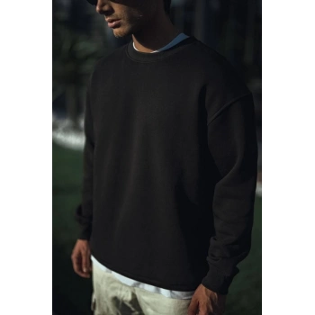 Kışlık Bisiklet Yaka Üç İplik Basic SweatShirt - Siyah