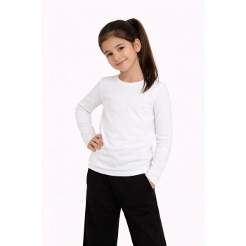 Kız Çocuk Basic Uzun Kollu Tişört Okul Günlük Rahat T-Shirt - Beyaz