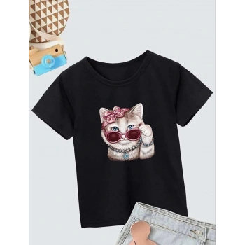 Kız Çocuk Bisiklet Yaka Baskılı T-Shirt - Siyah