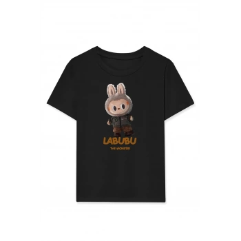 Kız Labubu Çocuk Baskılı T-Shirt - Siyah