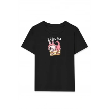 Kız Labubu Çocuk Baskılı T-Shirt - Siyah