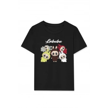 Kız Labubu Çocuk Baskılı T-Shirt - Siyah