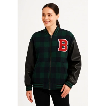 Kadın Kolej Ceket – Kareli Oduncu Kumaş, Kolları Suni Deri, Fermuarlı, İçi Kapitone Astarlı, Nakışlı Oversize Bahar & Kış Stil - Haki