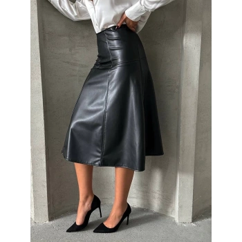 Komple parçalı deri etek siyah h26441