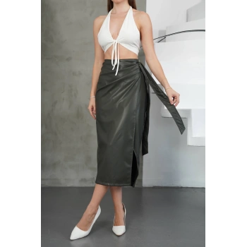 Kuşaklı uzun deri etek haki h26414