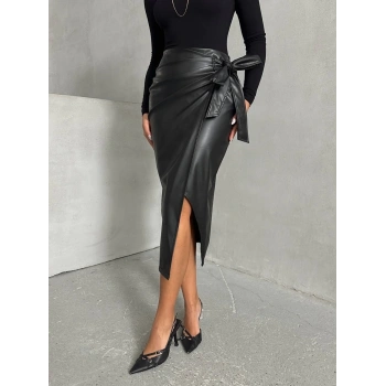 Kuşaklı uzun deri etek siyah h26414