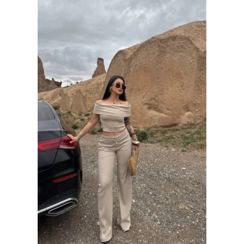 Madonna yaka bol paça pantolonlu takım