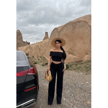 Madonna yaka bol paça pantolonlu takım