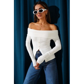 Madonna Yaka Düğmeli Bluz Beyaz t4329