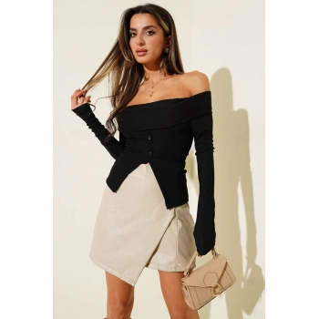 Madonna Yaka Düğmeli Bluz siyah t4329