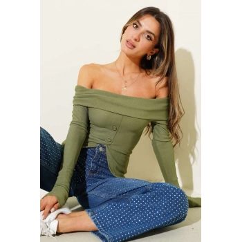 Madonna Yaka Düğmeli Bluz yeşil t4329