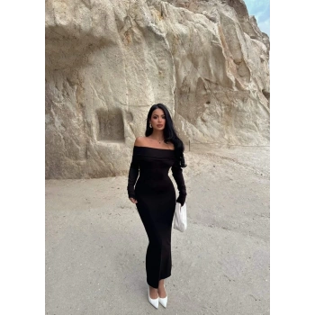 Madonna yaka esnek kumaş elbise siyah