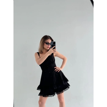 Mini Askılı Elbise - Siyah