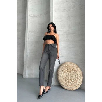 Mom fit enzim taş yıkama jeans pantolon füme d2006