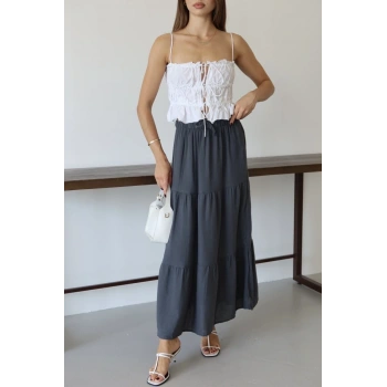 Müslin kumaş keten uzun etek antrasit pt