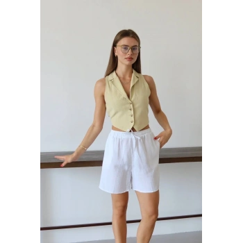 Müslin kumaş şort bağcıklı beyaz pt