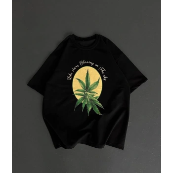 Ön ve Arka Baskılı Oversize Bisiklet Yaka T-shirt- Siyah