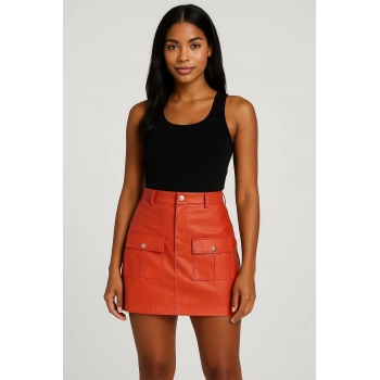 Önden iki cepli deri etek turuncu h240040