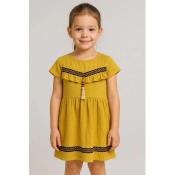 Önü püsküllü boncuk detaylı kız çocuk elbisesi hardal