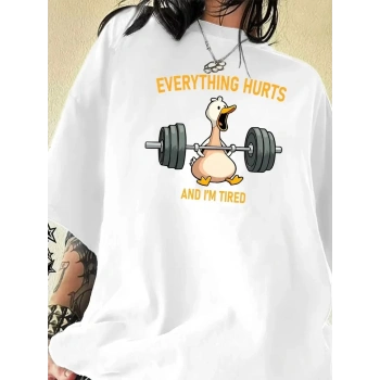 Ördek Baskılı ve Yuvarlak Yakalı Kadın Günlük Büyük Boy Siyah Tişört. - Beyaz