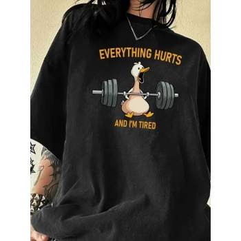 Ördek Baskılı ve Yuvarlak Yakalı Kadın Günlük Büyük Boy Siyah Tişört. - Siyah