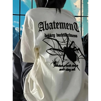 Örümcek Ağı Desenli Baskılı Oversize Bisiklet Yaka T-shirt  - Beyaz
