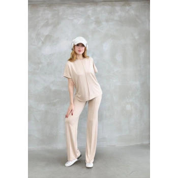 Osy Modal Yumuşak dokulu Kumaş Bisiklet Yaka Kısa Kollu Takım - Bej
