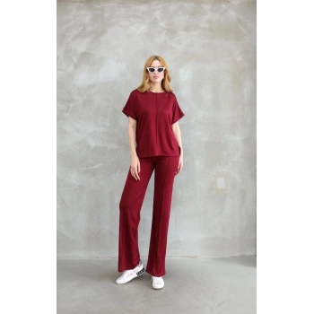 Osy Modal Yumuşak dokulu Kumaş Bisiklet Yaka Kısa Kollu Takım - Bordo