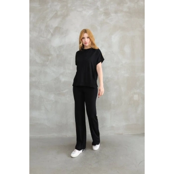 Osy Modal Yumuşak dokulu Kumaş Bisiklet Yaka Kısa Kollu Takım - Siyah