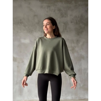 Osy Modal Yumuşak dokulu Kumaş Bisiklet Yaka Oversize Sweatshirt - Haki