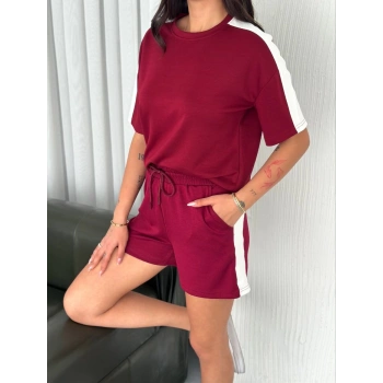 Osy Modal yumuşak dokulu Kumaş Kadın Parçalı Bisiklet Yaka T-shirt Kısa Şort İkili Takım - Bordo