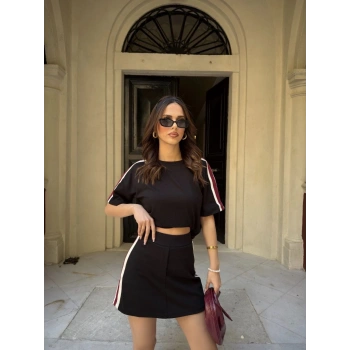 Osy Modal yumuşak dokulu Kumaş Kadın Parçalı Bisiklet Yaka T-shirt Mini Şortlu Etek İkili Takım - Siyah