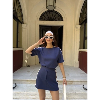 Osy Modal yumuşak dokulu Kumaş Kadın Parçalı Bisiklet Yaka T-shirt Mini Şortlu Etek İkili Takım -Lacivert