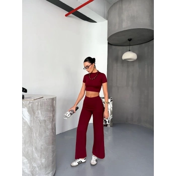 Osy Modal Yumuşak Dokulu Kumaş Kısa Kollu Crop Alt ispanyol Paça Pantalon ikili Takım - Bordo