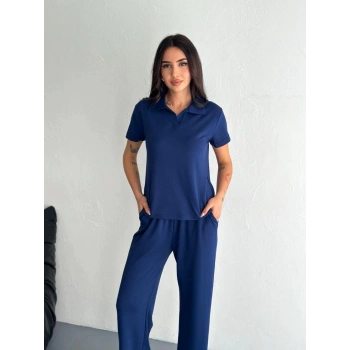 Osy Modal Yumuşak Dokulu Kumaş Kısa Kollu Yakalı T-shirt Pantalon ikili Takım- Lacivert