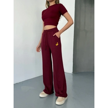 Osy Modal Yumuşak Dokulu Kumaş Nakış işlemeli Rahat Bol Paça Eşofman Pantalon - Bordo