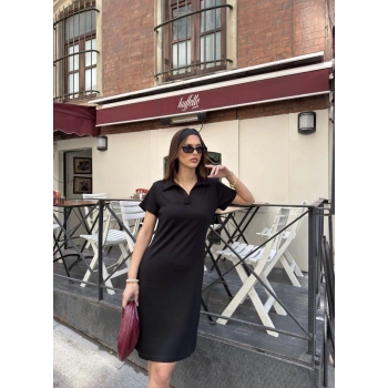 Osy Modal Yumuşak Dokulu Kumaş Yakalı Kısa Kollu Elbise - Siyah