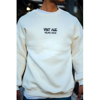 Oversize Bisiklet Yaka Üç İplik Baskılı SweatShirt - Beyaz