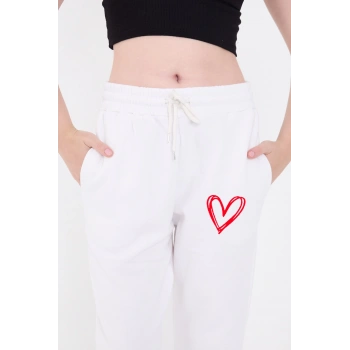 Kadın Üç İplik Pamuklu  Baskılı Paçası Lastikli Cepli Eşofman Pantolon - Beyaz