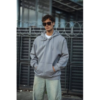 Oversize Tam Fermuarlı Uzun Kol Hırka - Gri