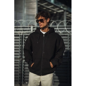 Oversize Tam Fermuarlı Uzun Kol Hırka - Siyah