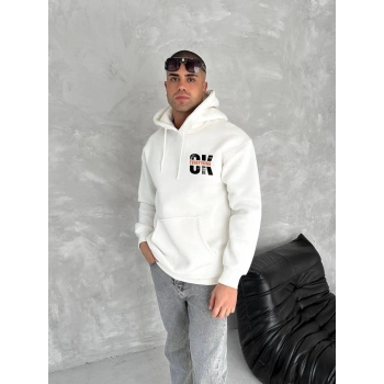 Oversize Üç İplik Kapüşonlu SweatShirt - Beyaz