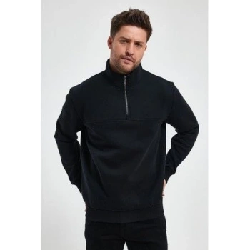 Oversize Yarım Farmuarlı Yakalı Basic SweatShirt - Siyah