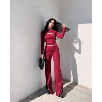 Pencereli detaylı alt üst takım bordo w3864