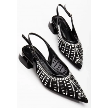 Piyar Siyah Taşlı Topuklu Ayakkabı