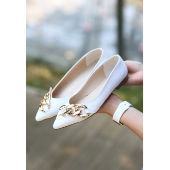 Popi Beyaz Cilt Zincirli Babet Ayakkabı