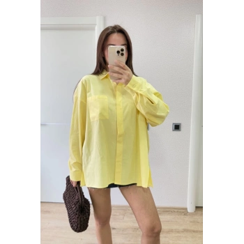 Poplin Kadın Yakalı Yandan Yırtmaçlı Arka Pens Detaylı Gömlek - Sarı