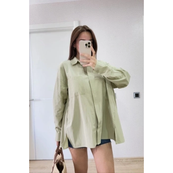 Poplin Kadın Yakalı Yandan Yırtmaçlı Arka Pens Detaylı Gömlek - Yeşil